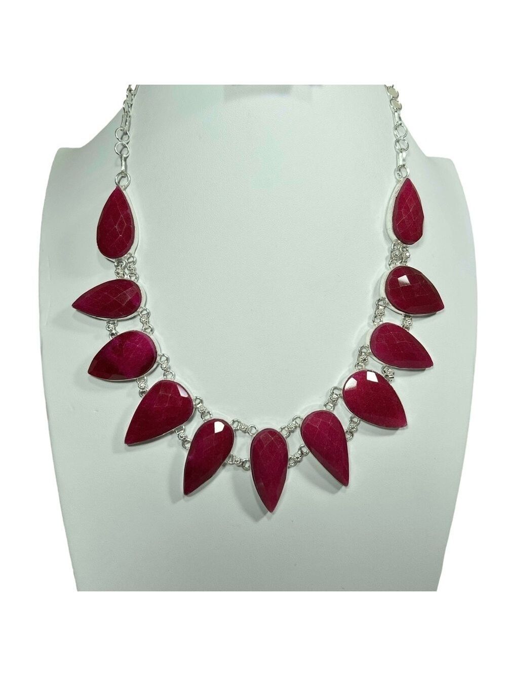 Ruby Faceted Pear Shape 925 Large synthetic Gemstone Necklace